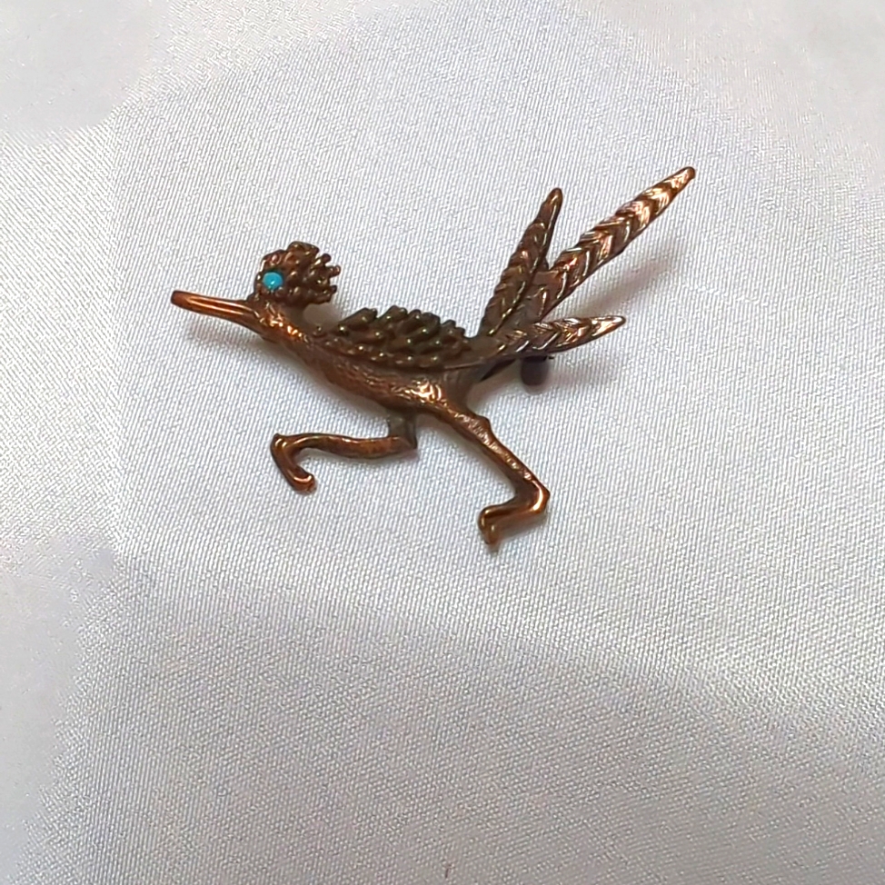Vintage Tortolani Copper Tone Roadrunner Bird Pin Brooch With Faux Turquoise Eye